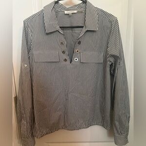 CALVIN KLEIN Lace-Up Roll-Sleeve Gray And White Striped Collared Blouse Size M